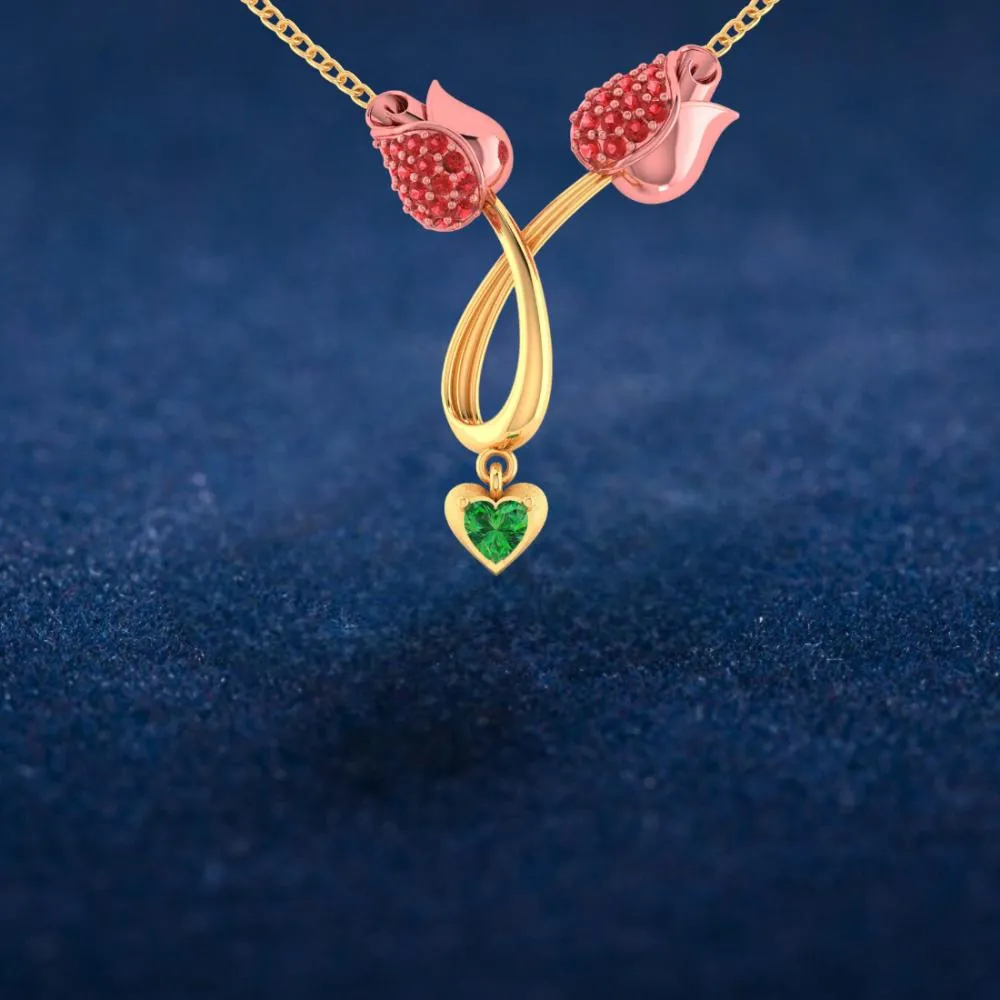18k Gold Necklace With Stone-studded Double Tulips And A Heart Drop