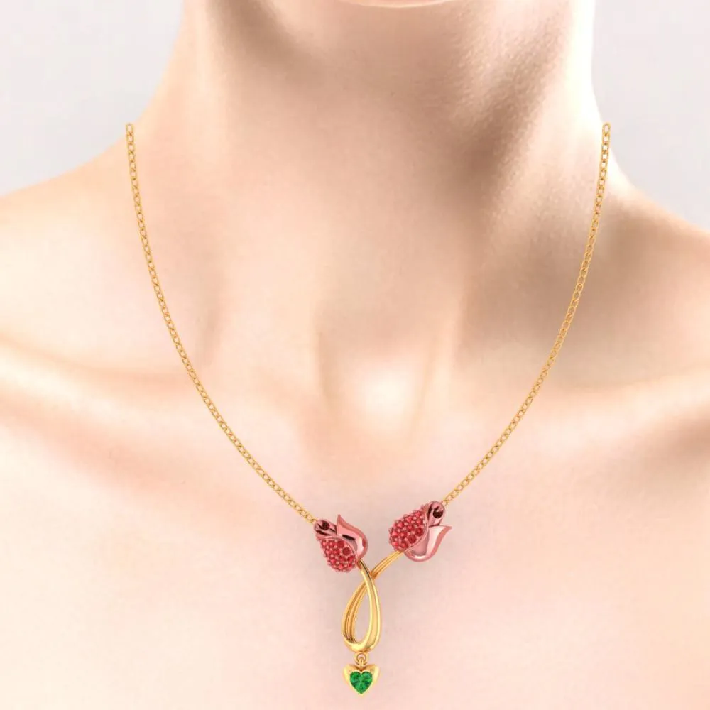18k Gold Necklace With Stone-studded Double Tulips And A Heart Drop