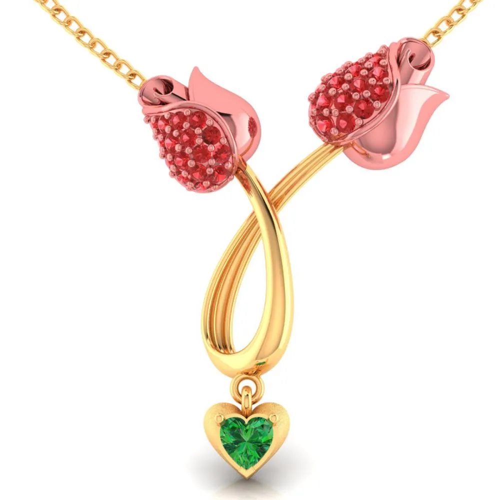18k Gold Necklace With Stone-studded Double Tulips And A Heart Drop