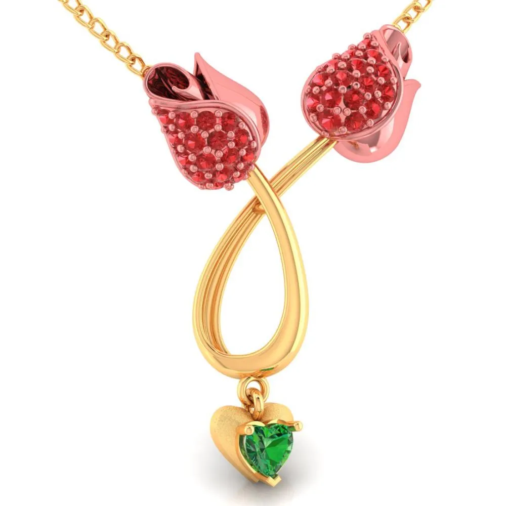 18k Gold Necklace With Stone-studded Double Tulips And A Heart Drop
