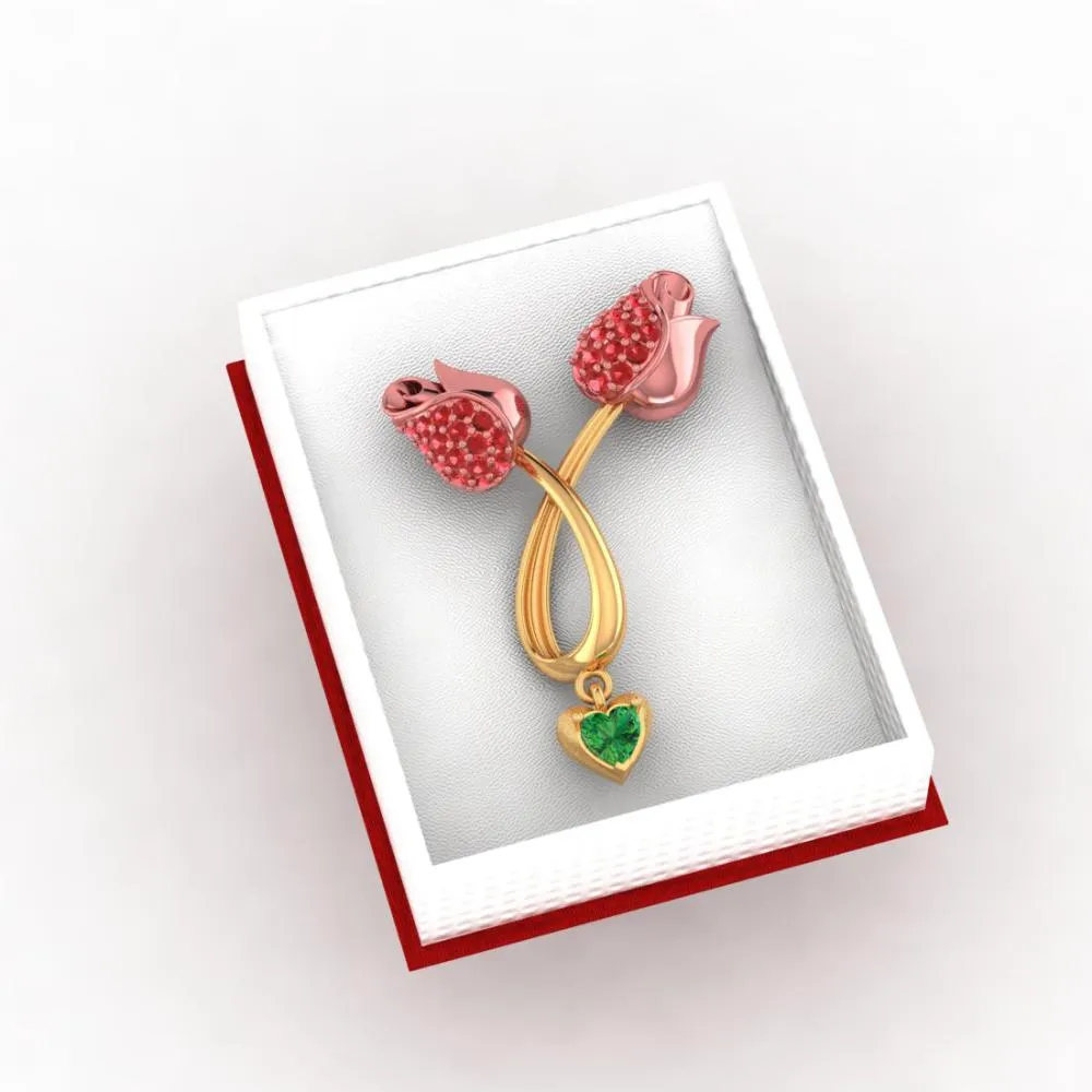 18k Gold Necklace With Stone-studded Double Tulips And A Heart Drop
