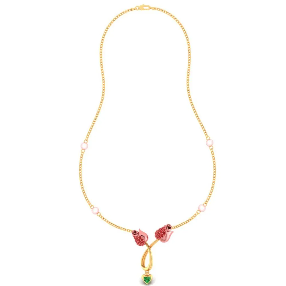 18k Gold Necklace With Stone-studded Double Tulips And A Heart Drop