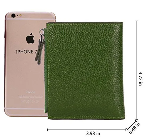 AINIMOER Women's RFID Blocking Leather Small Compact Bi-fold Zipper Pocket Wallet Card Case Purse(Lichee Green)