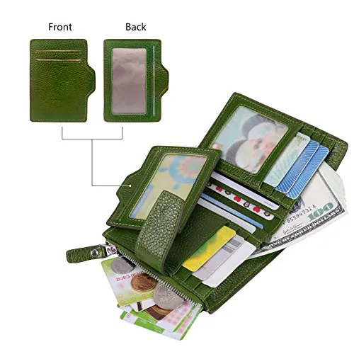 AINIMOER Women's RFID Blocking Leather Small Compact Bi-fold Zipper Pocket Wallet Card Case Purse(Lichee Green)