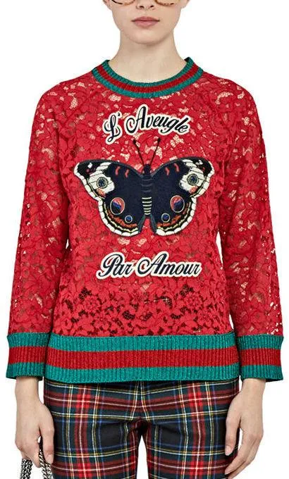 Butterfly Patch Floral Lace Sweater in Red