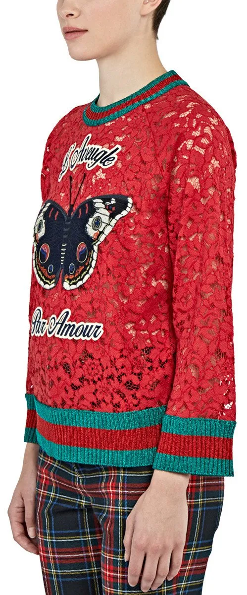 Butterfly Patch Floral Lace Sweater in Red