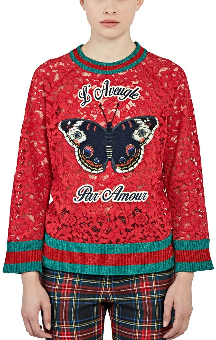 Butterfly Patch Floral Lace Sweater in Red