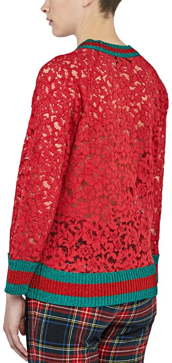 Butterfly Patch Floral Lace Sweater in Red