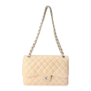 CHANEL Beige Quilted Caviar Jumbo Classic Double Flap Bag