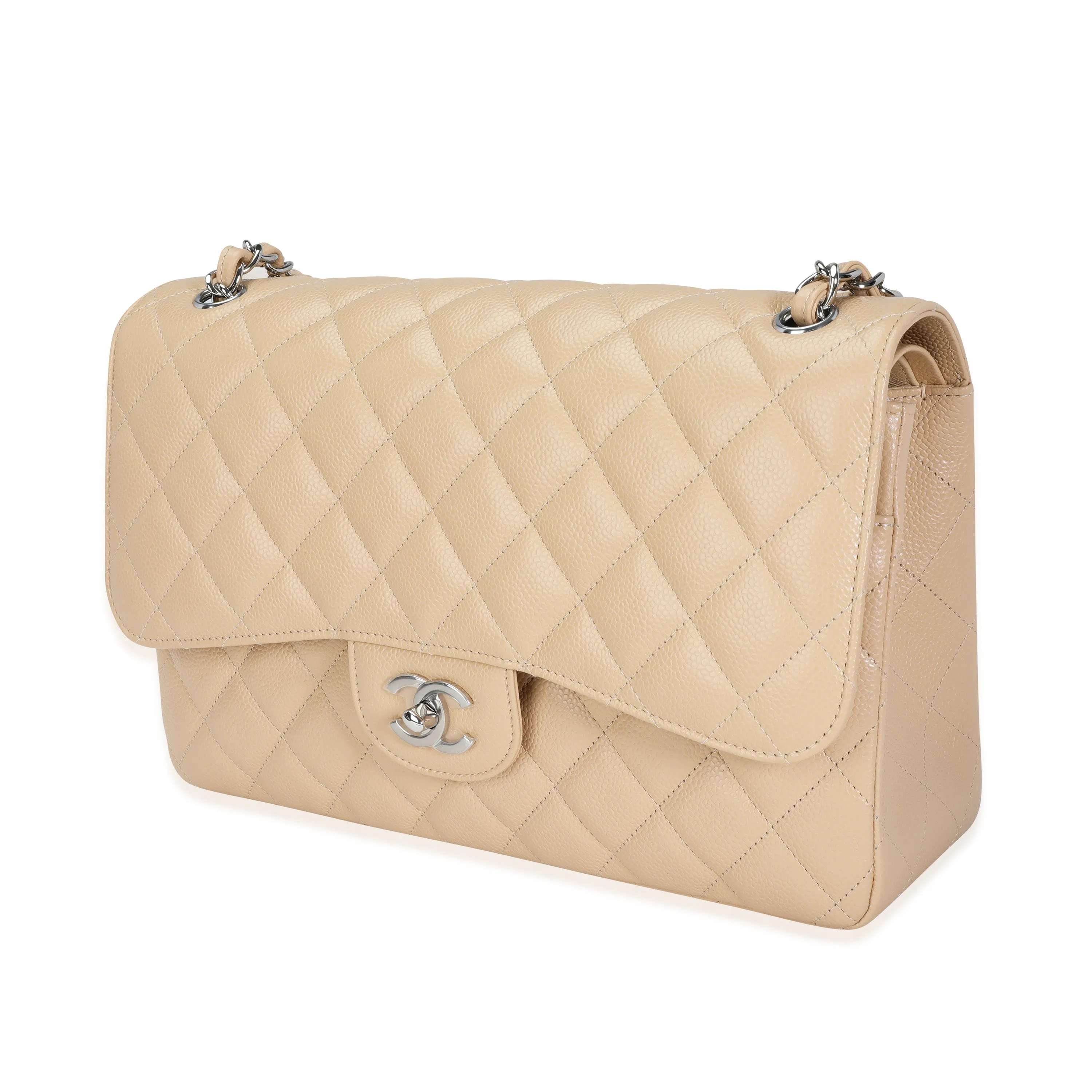 CHANEL Beige Quilted Caviar Jumbo Classic Double Flap Bag
