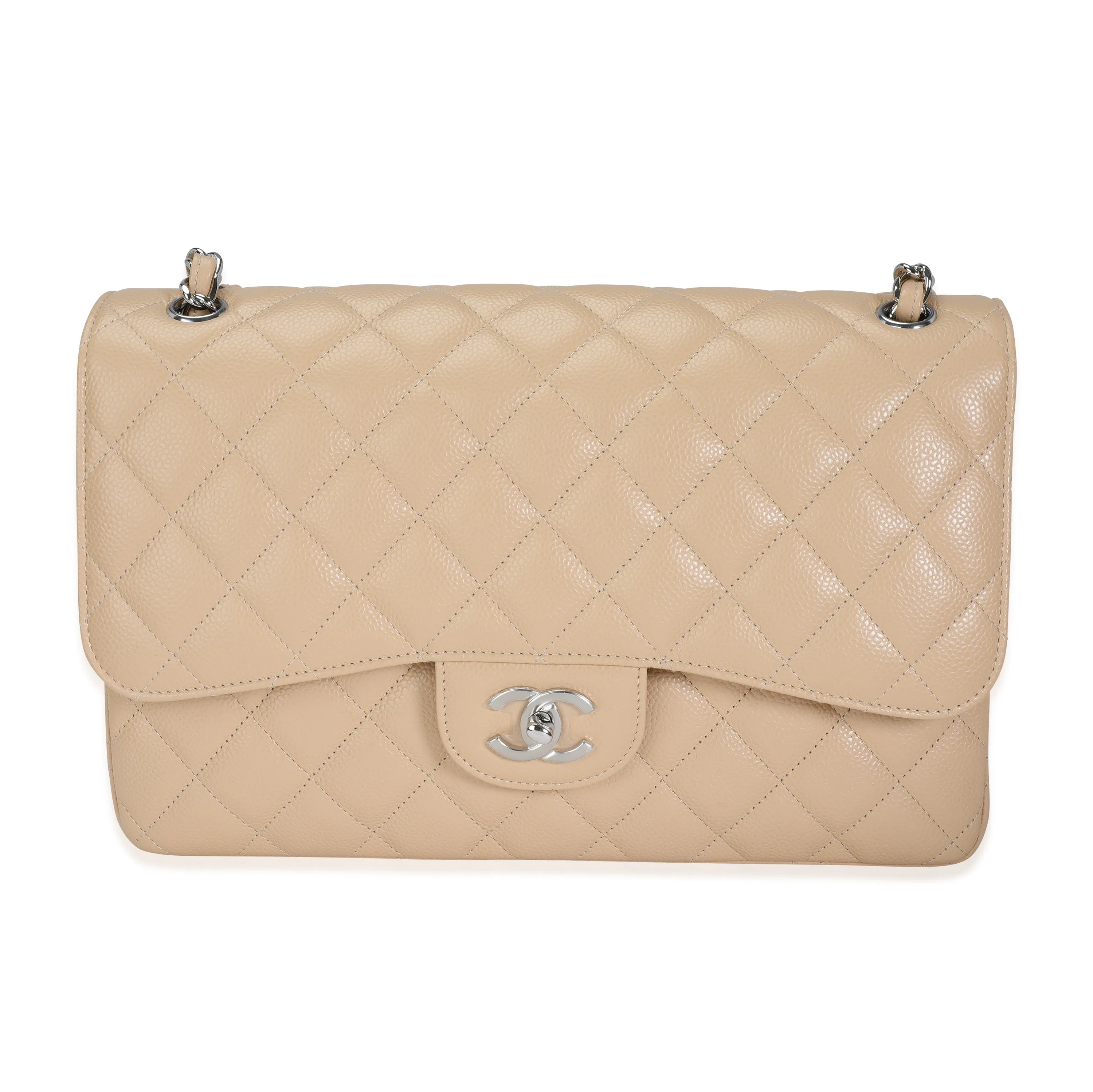 CHANEL Beige Quilted Caviar Jumbo Classic Double Flap Bag