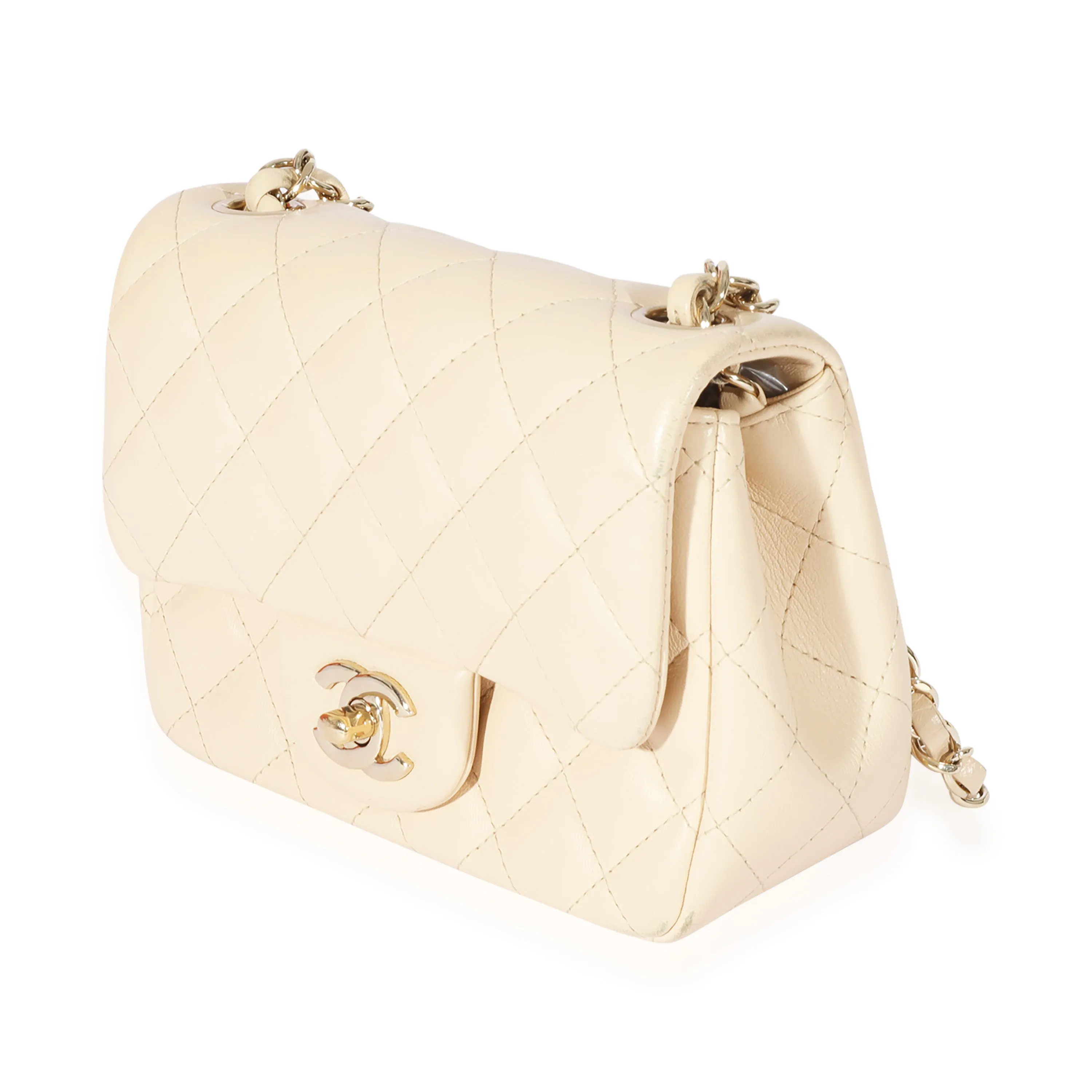CHANEL Beige Quilted Lambskin Mini Square Classic Flap Bag