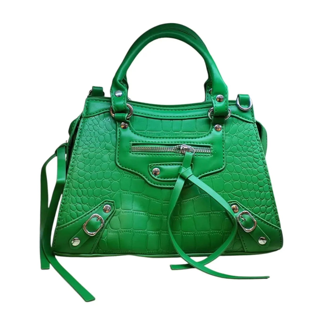 Croc Embossed Handbag with Buckle and Zipper Pocket