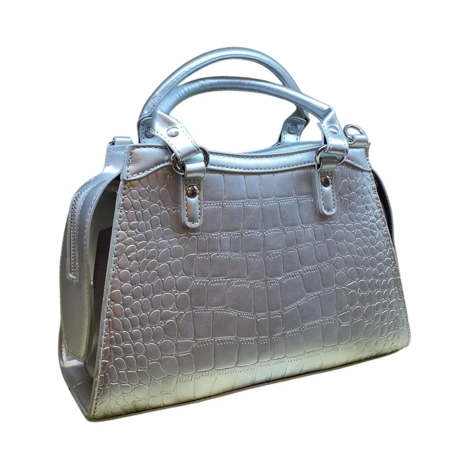 Croc Embossed Handbag with Buckle and Zipper Pocket