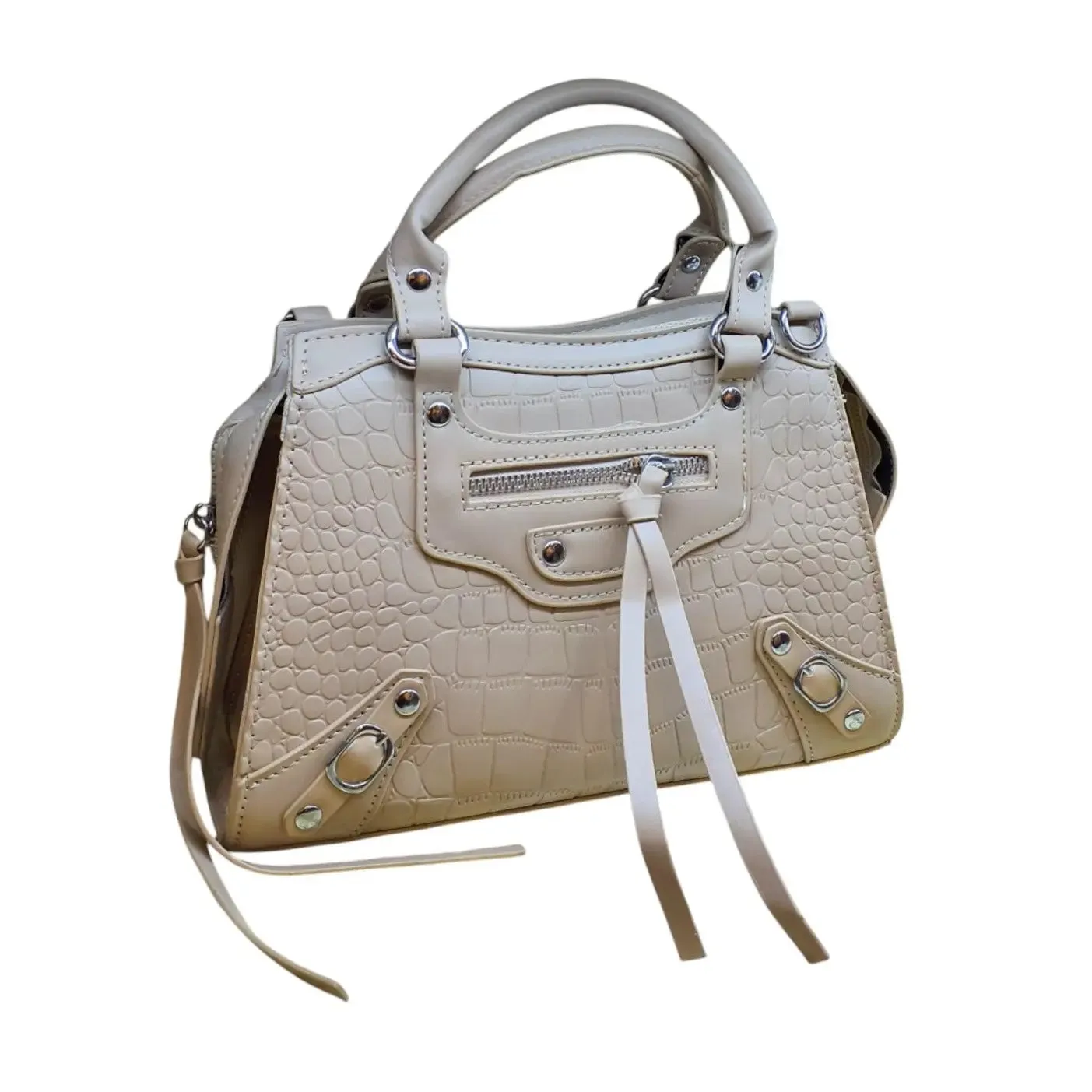 Croc Embossed Handbag with Buckle and Zipper Pocket