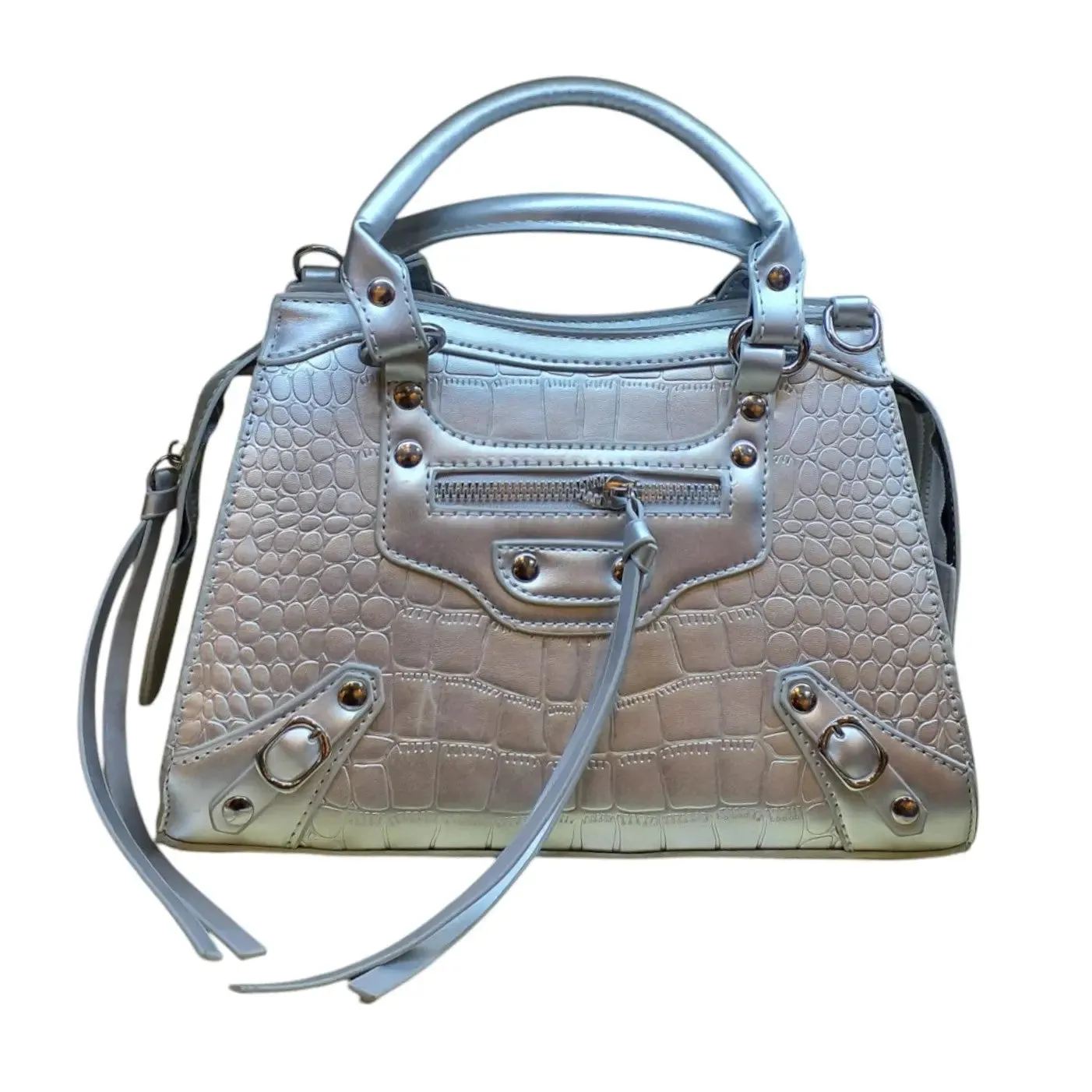 Croc Embossed Handbag with Buckle and Zipper Pocket