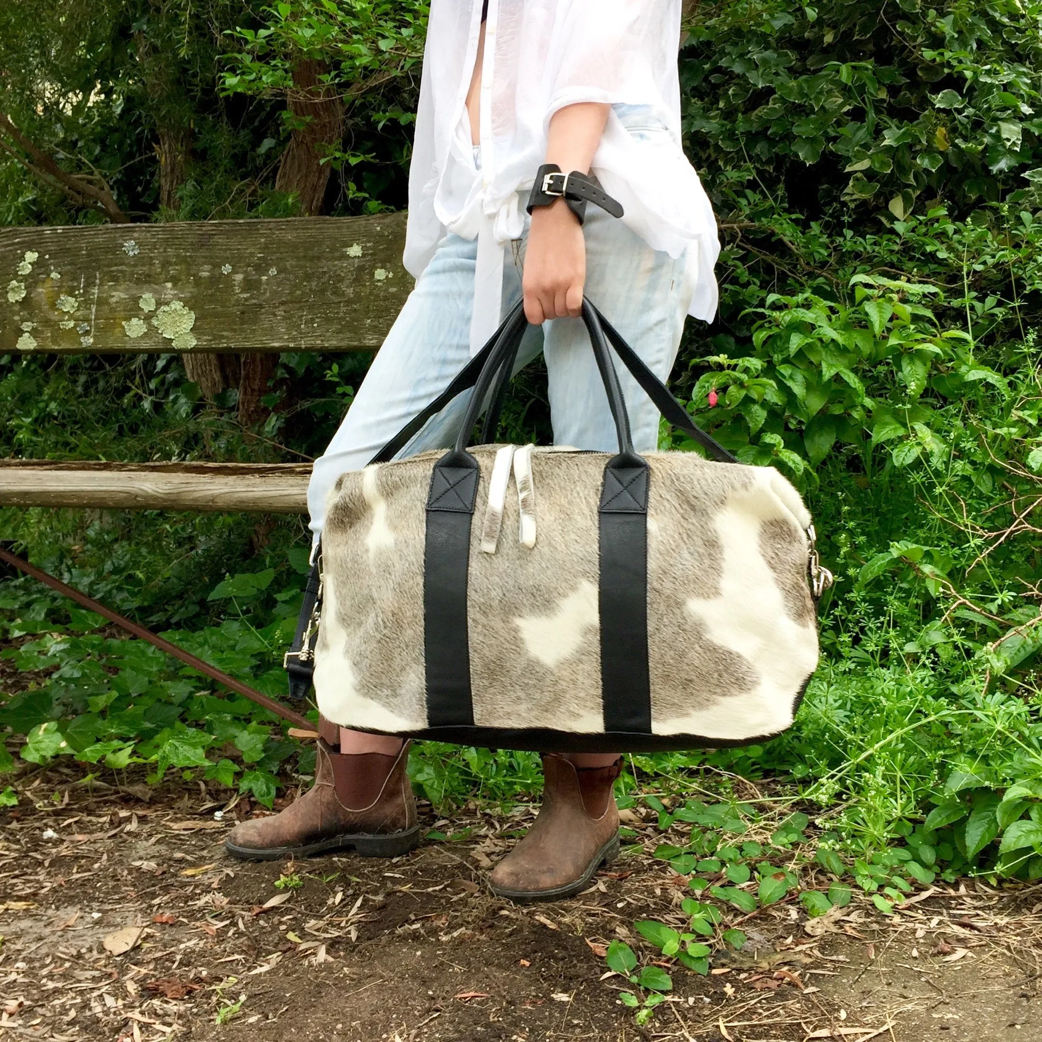 Hunter Cowhide and Leather Duffle Travel Bag -  Grey White Black Multi