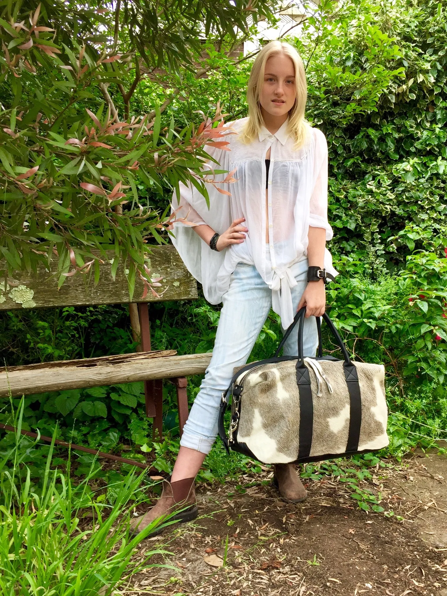 Hunter Cowhide and Leather Duffle Travel Bag -  Grey White Black Multi