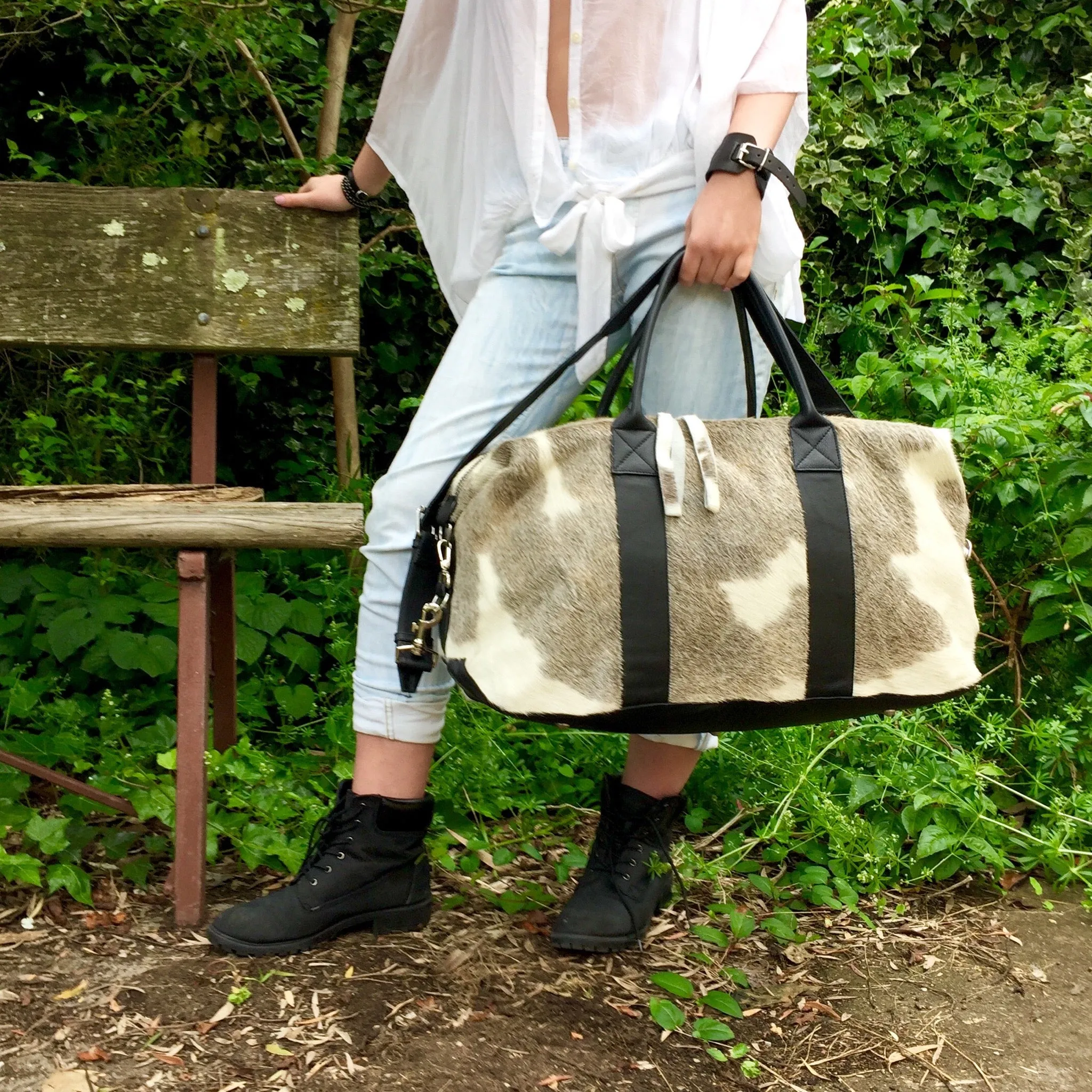 Hunter Cowhide and Leather Duffle Travel Bag -  Grey White Black Multi