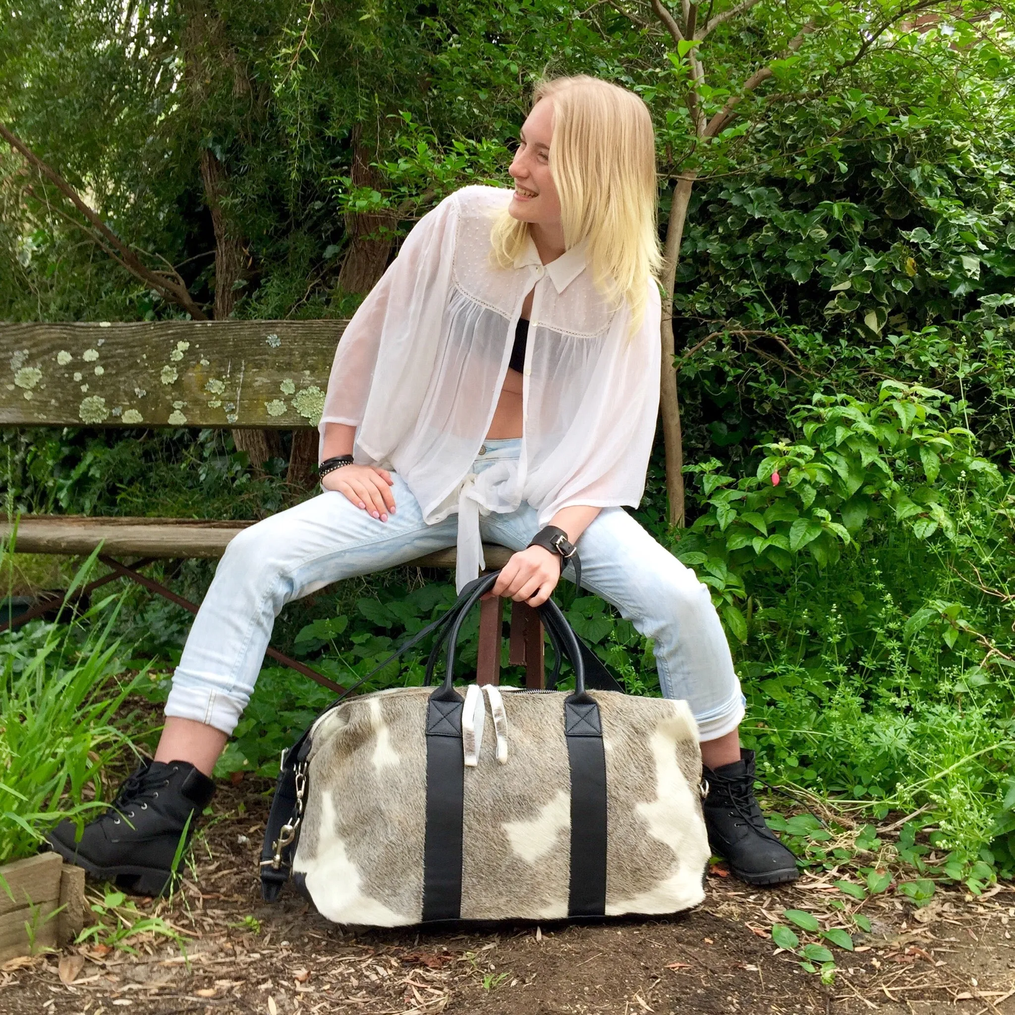 Hunter Cowhide and Leather Duffle Travel Bag -  Grey White Black Multi