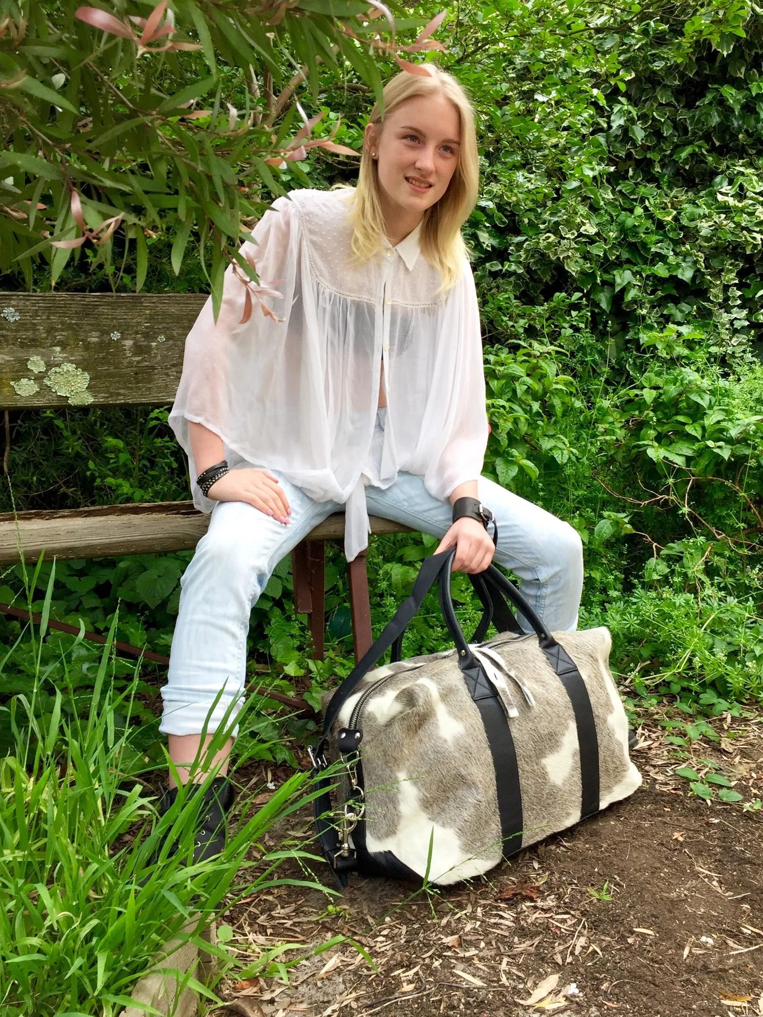 Hunter Cowhide and Leather Duffle Travel Bag -  Grey White Black Multi