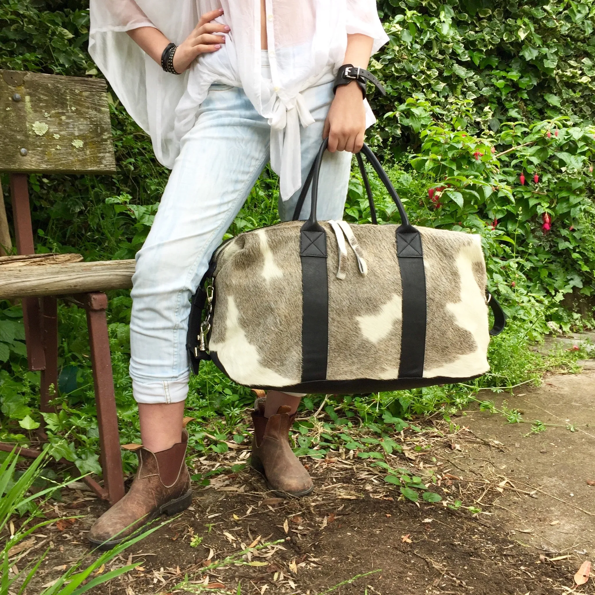 Hunter Cowhide and Leather Duffle Travel Bag -  Grey White Black Multi