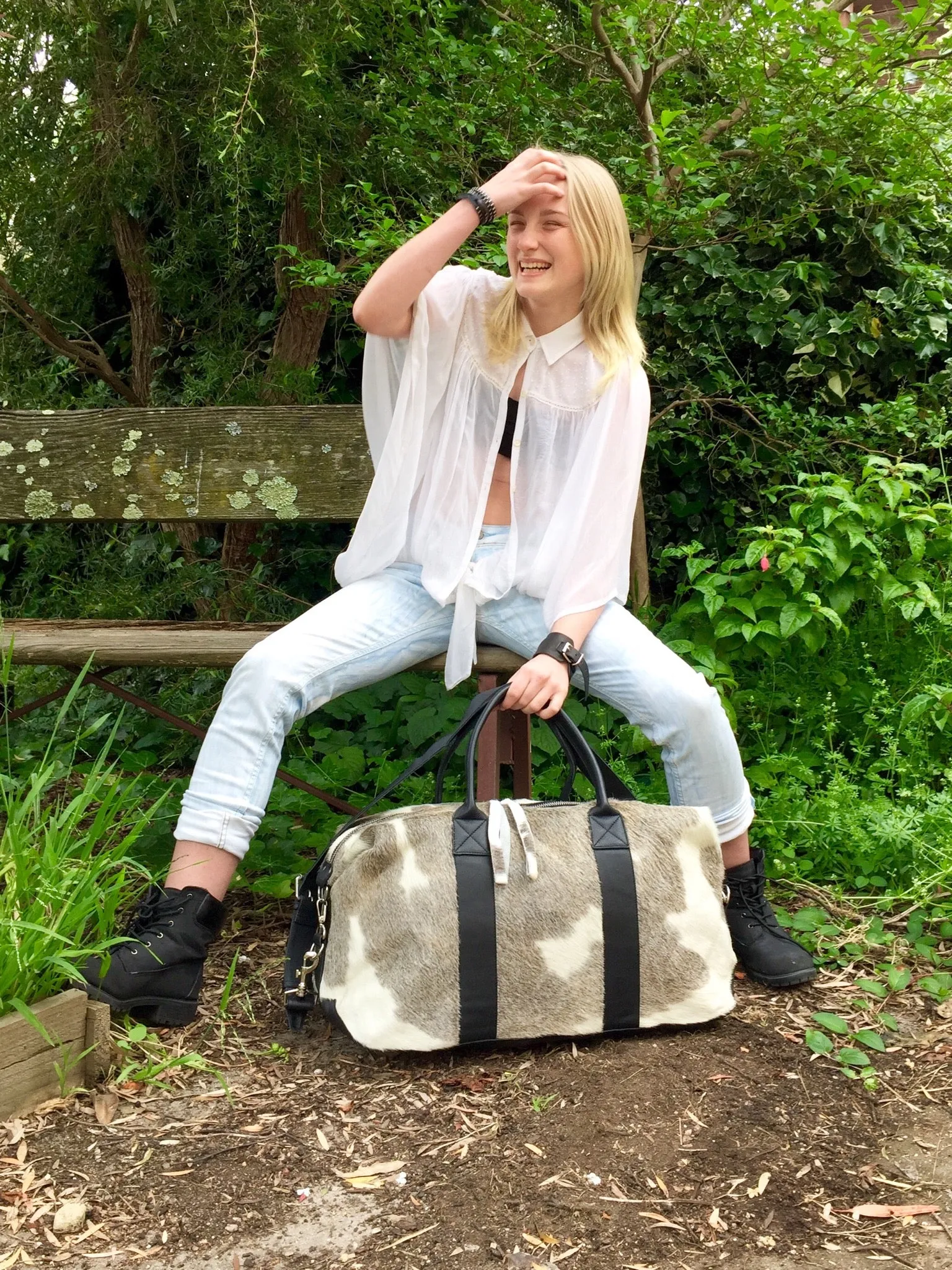 Hunter Cowhide and Leather Duffle Travel Bag -  Grey White Black Multi