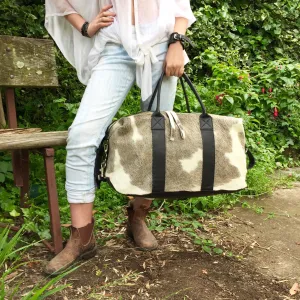 Hunter Cowhide and Leather Duffle Travel Bag -  Grey White Black Multi
