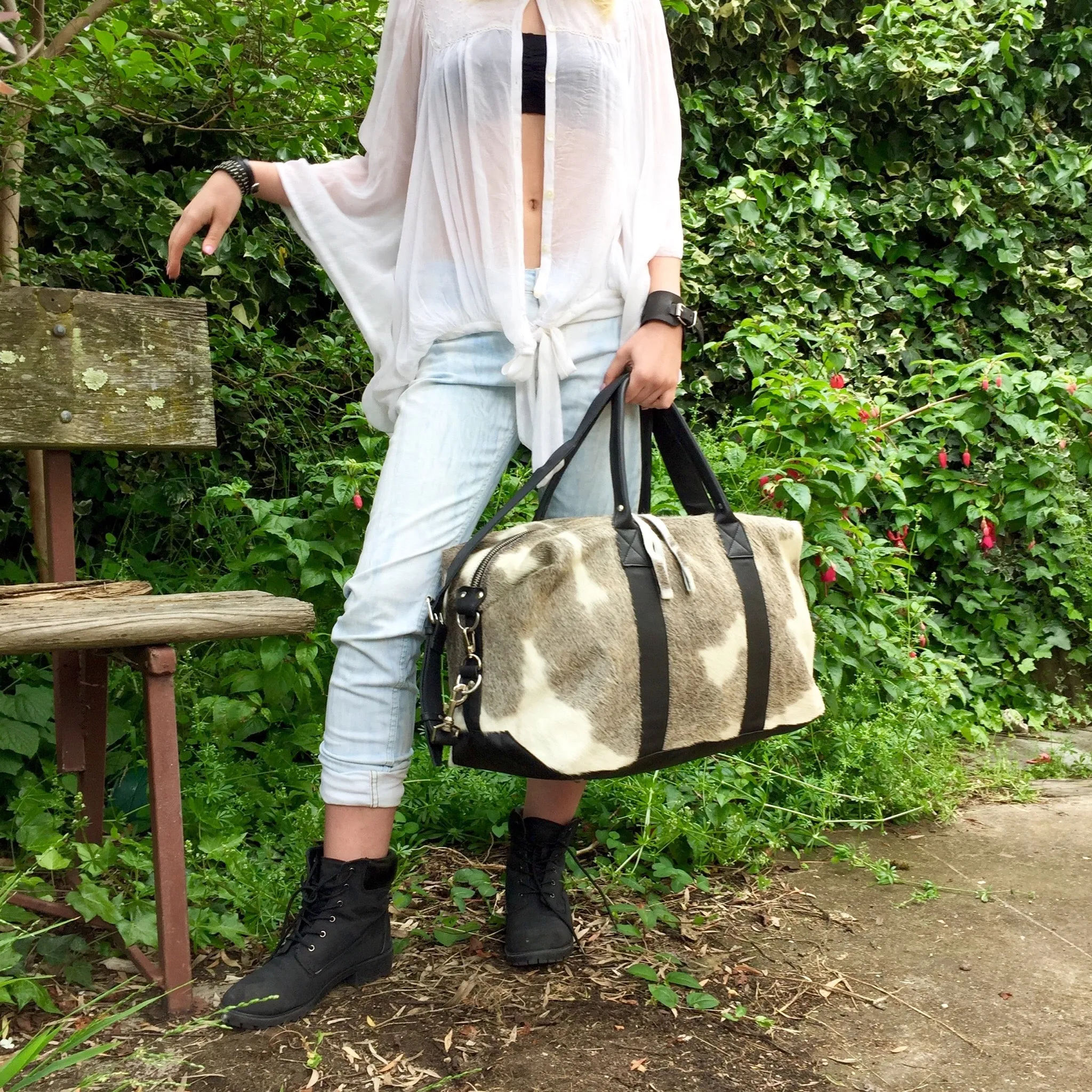 Hunter Cowhide and Leather Duffle Travel Bag -  Grey White Black Multi