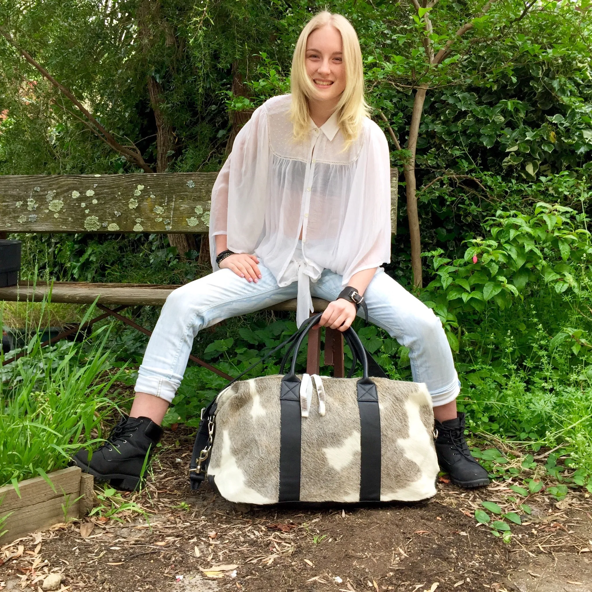 Hunter Cowhide and Leather Duffle Travel Bag -  Grey White Black Multi