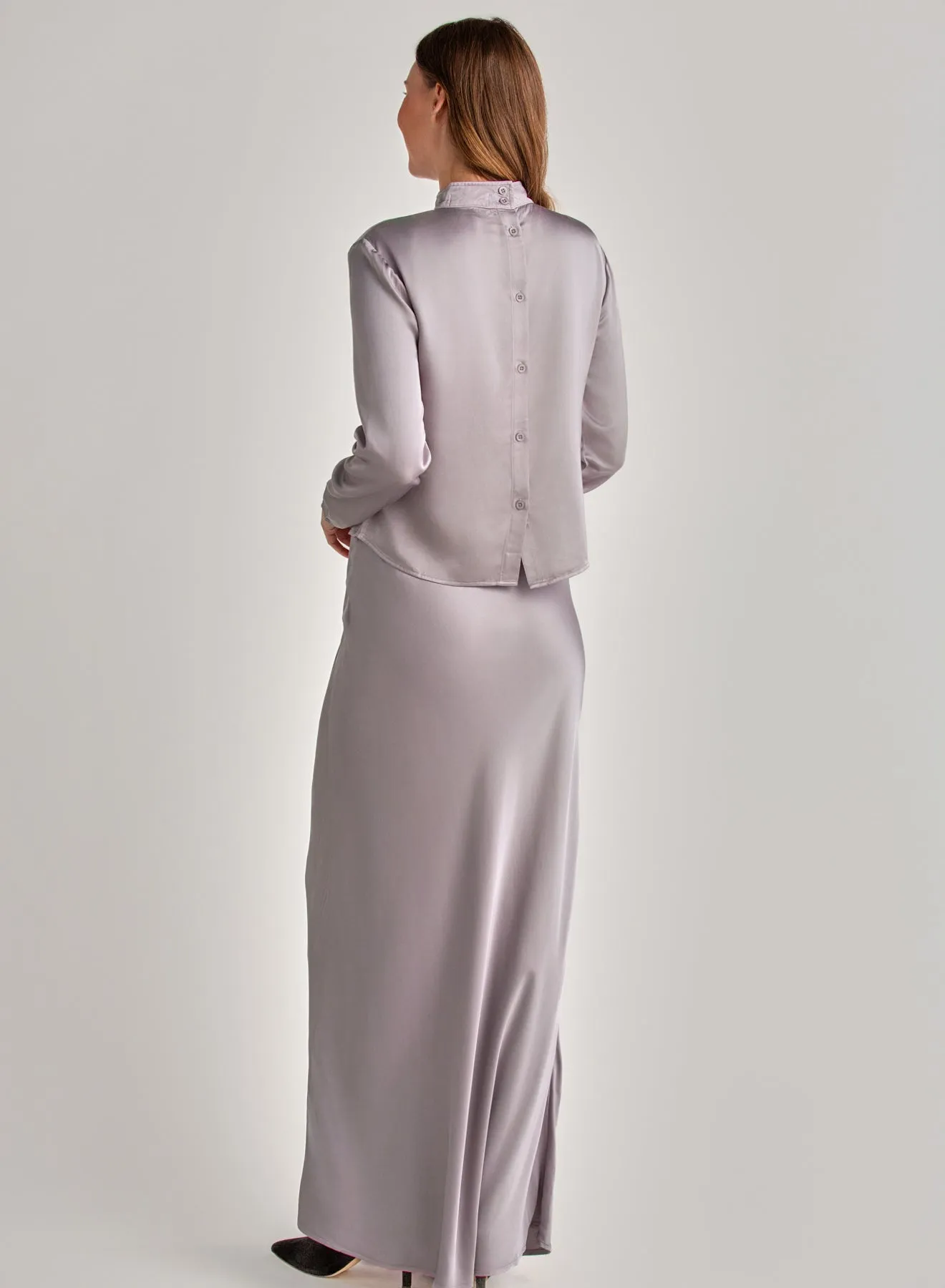 Mock Neck Button Back Top - Glacier Grey