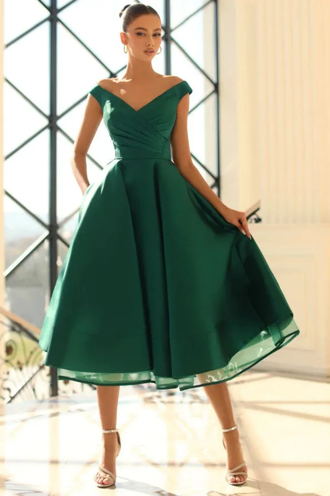 NICOLETTA mikado satin cocktail dress - EMERALD GREEN