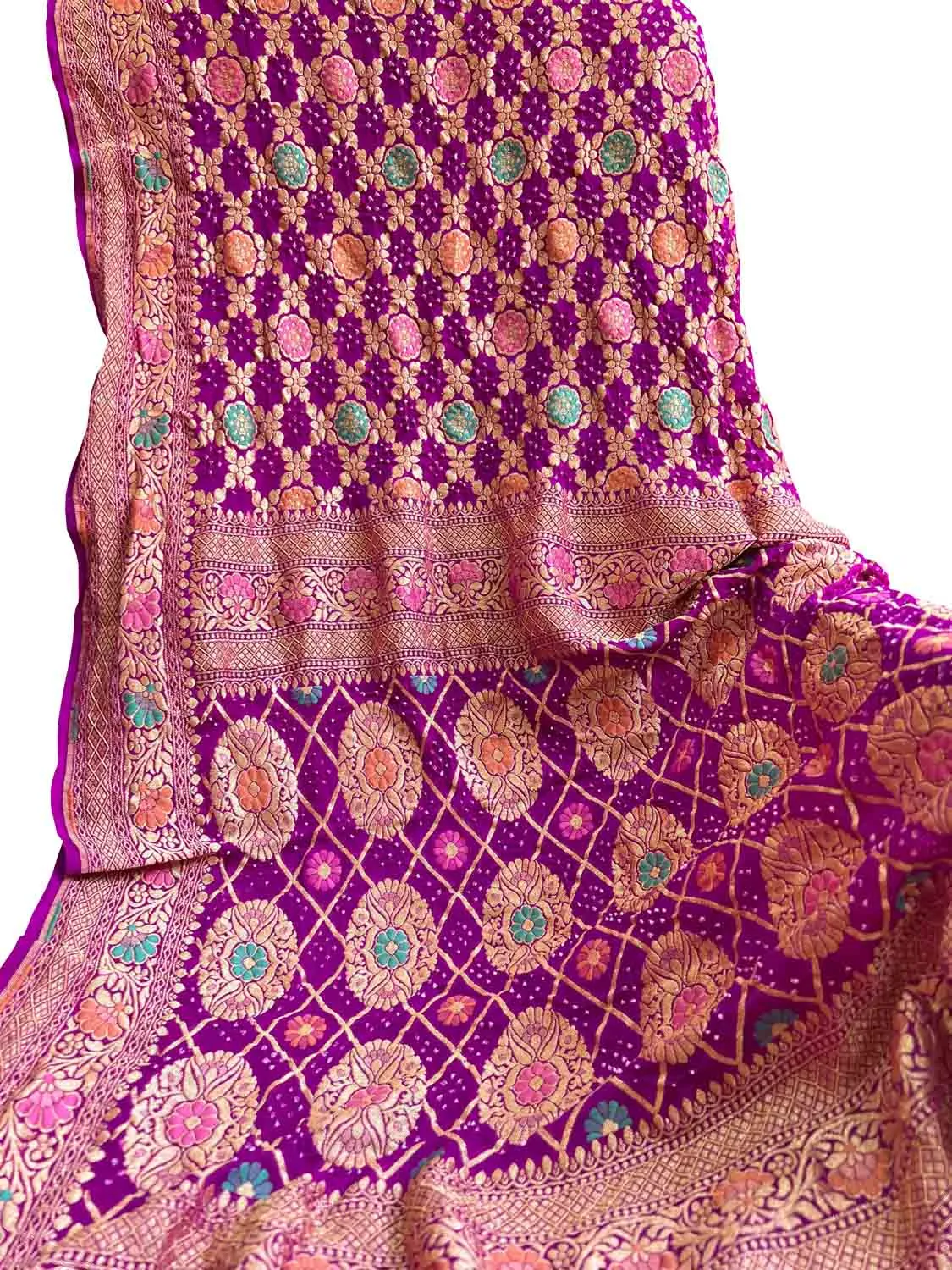 Stunning Pink And Purple Banarasi Bandhani Georgette Saree