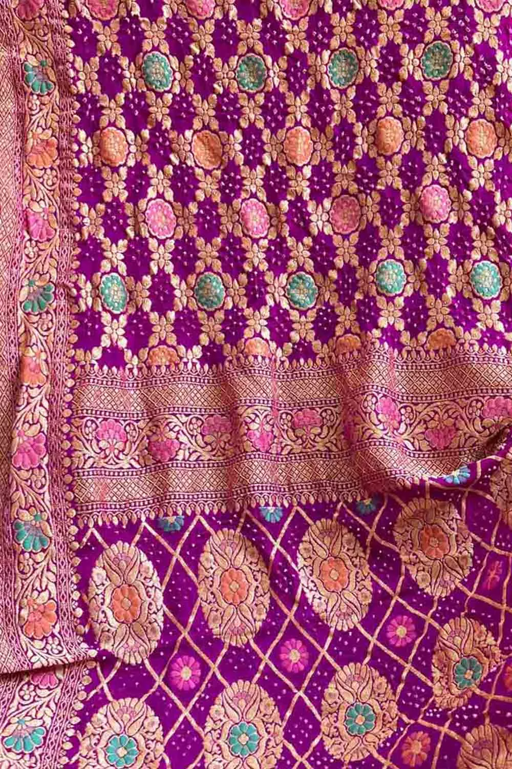 Stunning Pink And Purple Banarasi Bandhani Georgette Saree