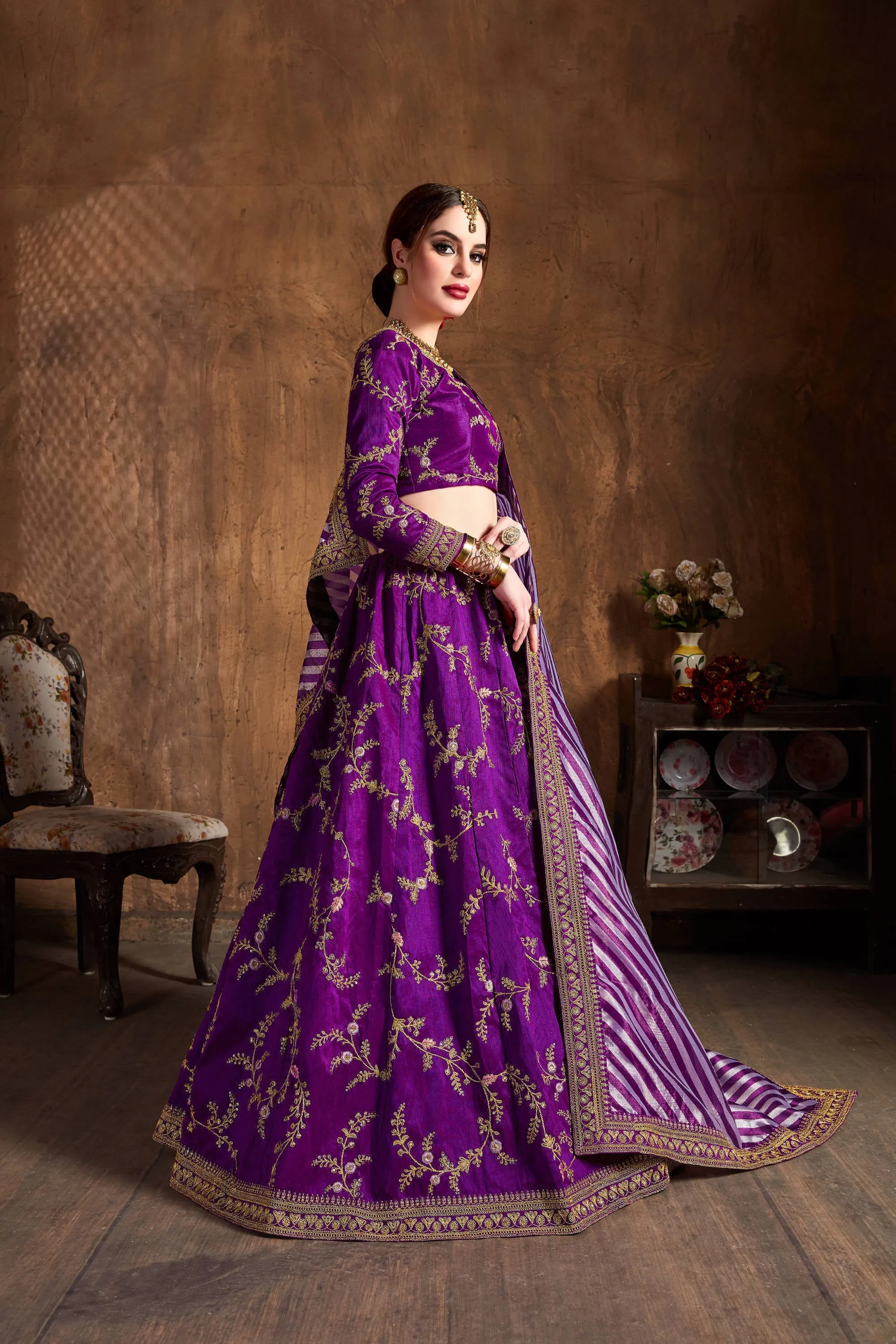 Stunning Purple Thread Embroidery Mulberry Silk Wedding Lehenga Choli
