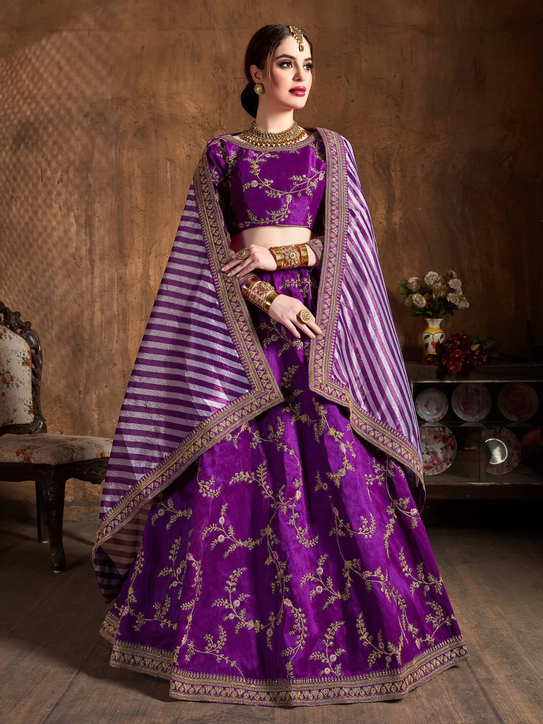 Stunning Purple Thread Embroidery Mulberry Silk Wedding Lehenga Choli